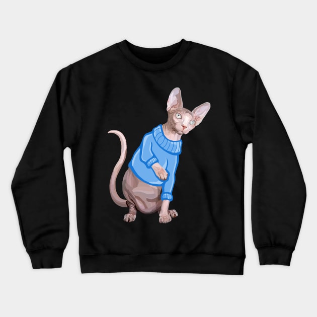 Cute Sphynx Cat with Blue Knit Sweater Crewneck Sweatshirt by Art by Deborah Camp